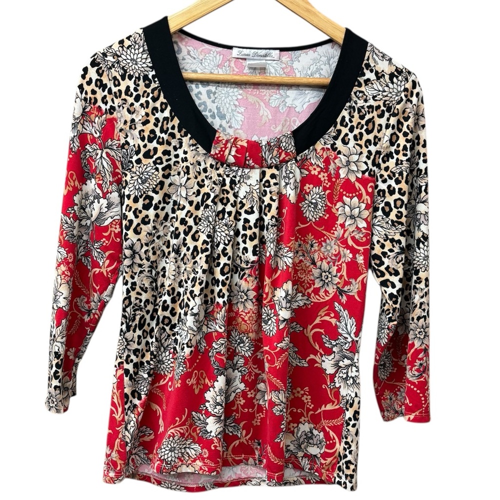 Leopard print and floral Linea Donatella sleep top with 3/4 sleeve, size small